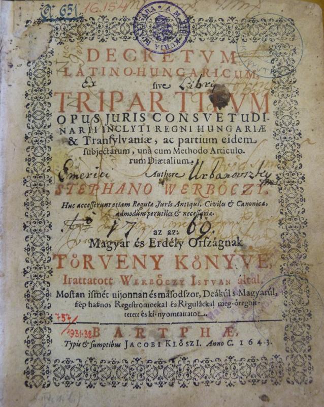Werbőczy István joggyűjteményének 1643-as kiadása