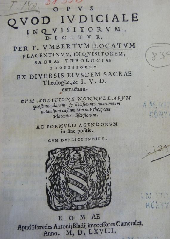 Az inkvizíciós bíráskodás latin nyelvű kézikönyvének címoldala